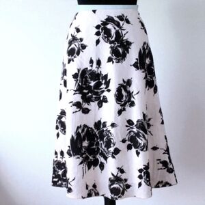 Talbots Petites‎ 8P Black White Floral Linen A-Line Midi Skirt
